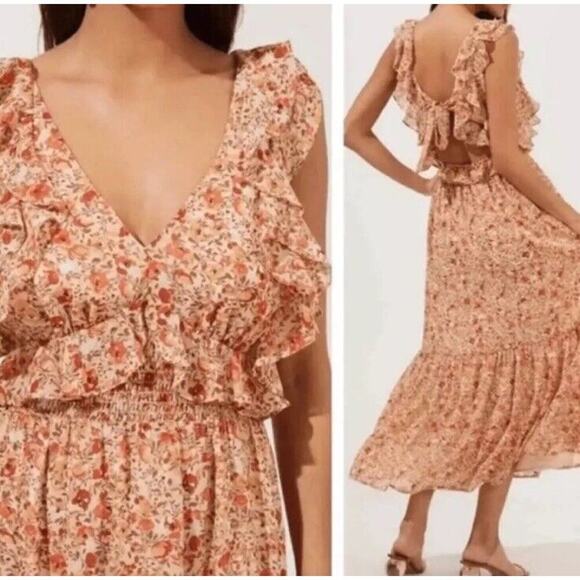 ASTR The Label Tie Open Back Floral Baby Doll Midi Dress Fairy Cottage Core L - Picture 2 of 12